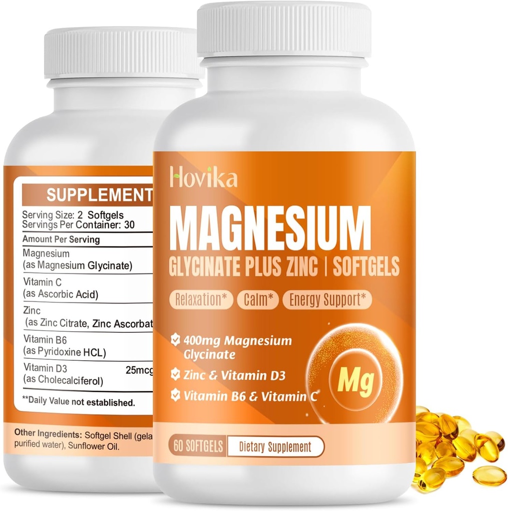 Magnesio Glycinate Suplemento Softgels, Magnesium Glycinate 400mg con Zinc, Vitamina B6, C, D3, Magnesio puro para el sueño, la calma, el músculo, la energía, el apoyo al corazón - 60 cápsulas veganos para hombres y mujeres
