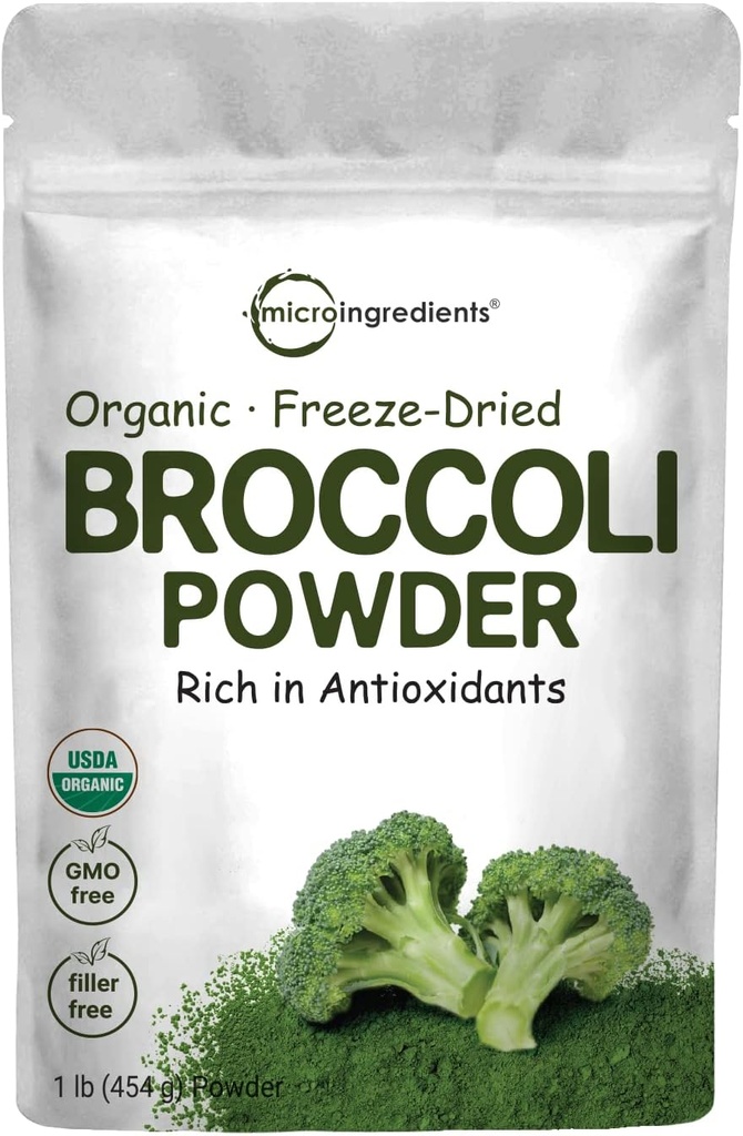 Polvo de brócoli orgánico, 1 libra, congelador seco, contiene DIM natural (Diindolylmethane), y rico en fibra e inmune vitamina C, Superalimentos verdes para bebidas smoothie, amigo vegano