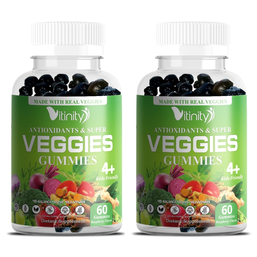 VITINITY Veggies Supplement-Made with Real Super Veggies Delicious Gummies(120 Chews),30 Veggies,Herbs,Fruit and Vegetable Supplement,No-GMO,Pectin-Based,Gluten-Free,No más pastillas (60 Day)