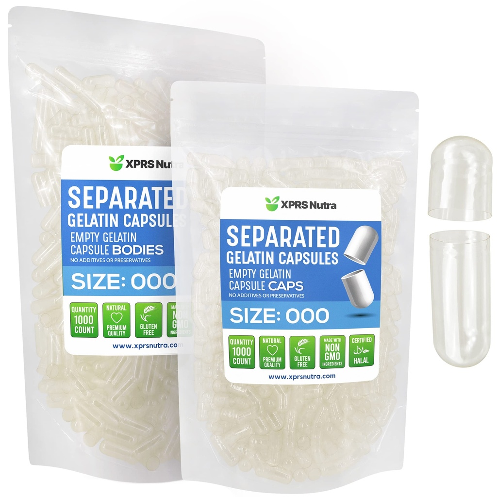 XPRS Nutra cápsulas separadas Tamaño 000-1000 Contar cápsulas de gelatina vacías claras Separadas en bolsas - Premium Clear Empty 000 pastillas para relleno de suplementos DIY