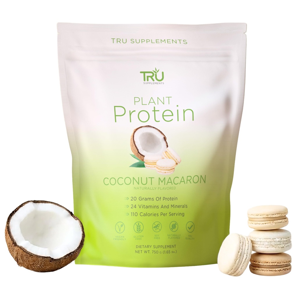 TRU Suplementos Pólvora de proteínas con base vegetal, BCAA, EAA, 20g Arroz de Brown vegano &amp; Pea Proteína, 100 Calories, 27 Vitaminas, Sin Sabores Artificiales 25 Serviciones (Cococo Macaron)