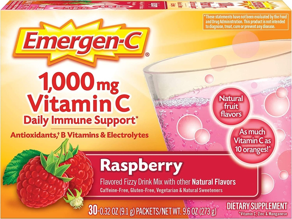 Alacer Emergen-C Vitamina C Fizzy Bebida Mix Raspberry - 1000 Mg - 30 Packets