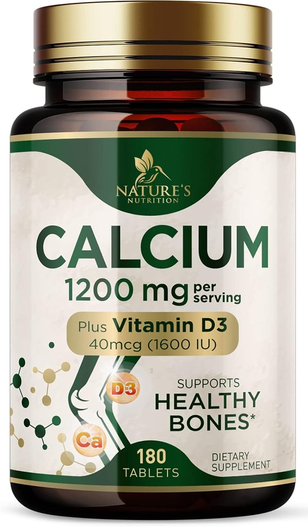 Calcio 1200 mg con Vitamina D3, Suplemento Calcio Vitaminas, Apoyo a la Fuerza de Hueso, Teeth & Immune System, Suplementos de Calcio para Hombres, Carbonato de Calcio Absorbable de la Naturaleza - 180 Tabletas