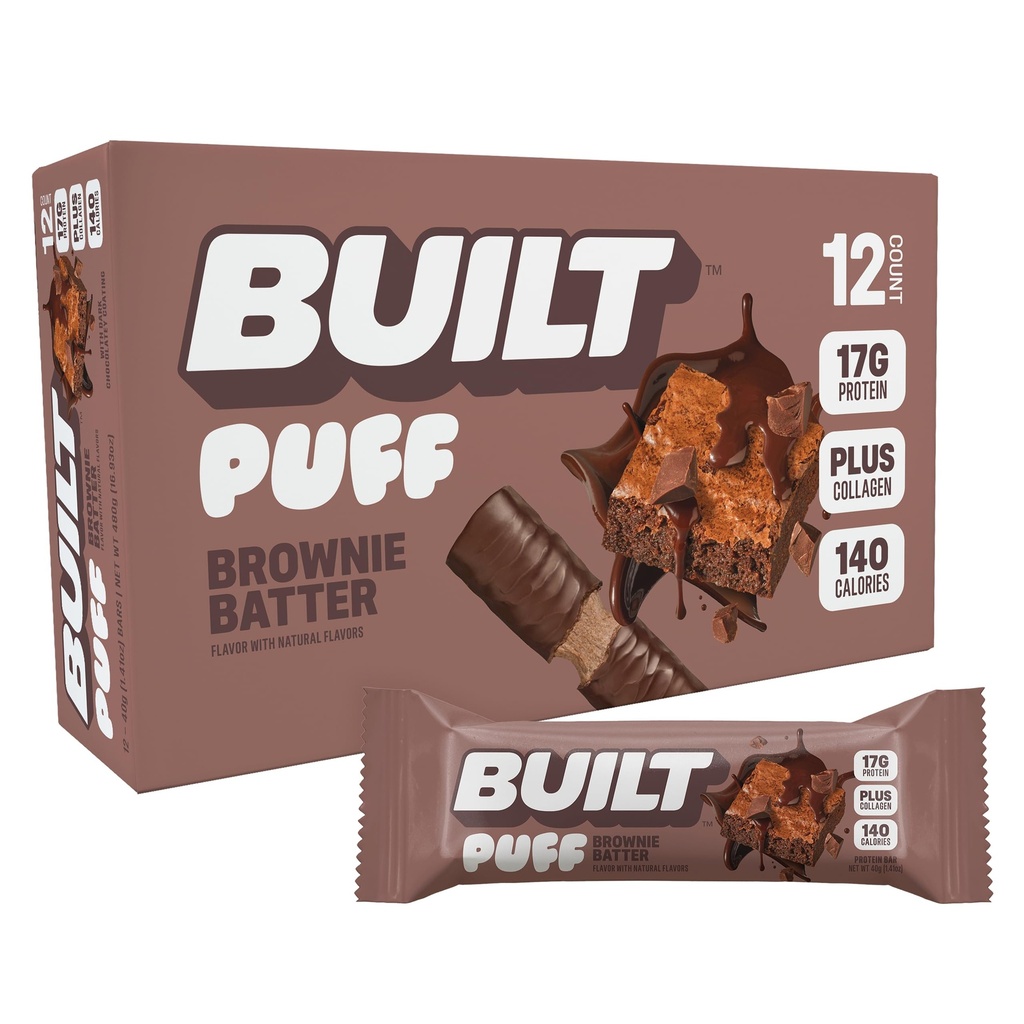 Bar de construcción, Bares de proteína Puff, Brownie Batter Puff, Snacks de 17g Protein, Bares On-The-Go, Sólo 140 Calories, 6g Azúcar, Collagen, Gluten Free, 12 Condes