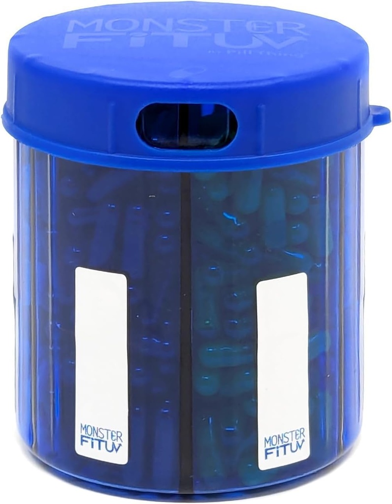 Dispensador de píldoras suplementarias Monster Jr con etiquetas - Mantiene pequeñas vitaminas de medicación mediana y dispensa fácil de One Container Incluye etiquetas de compartimiento (Monster Jr Blue UV - 1 Pack)