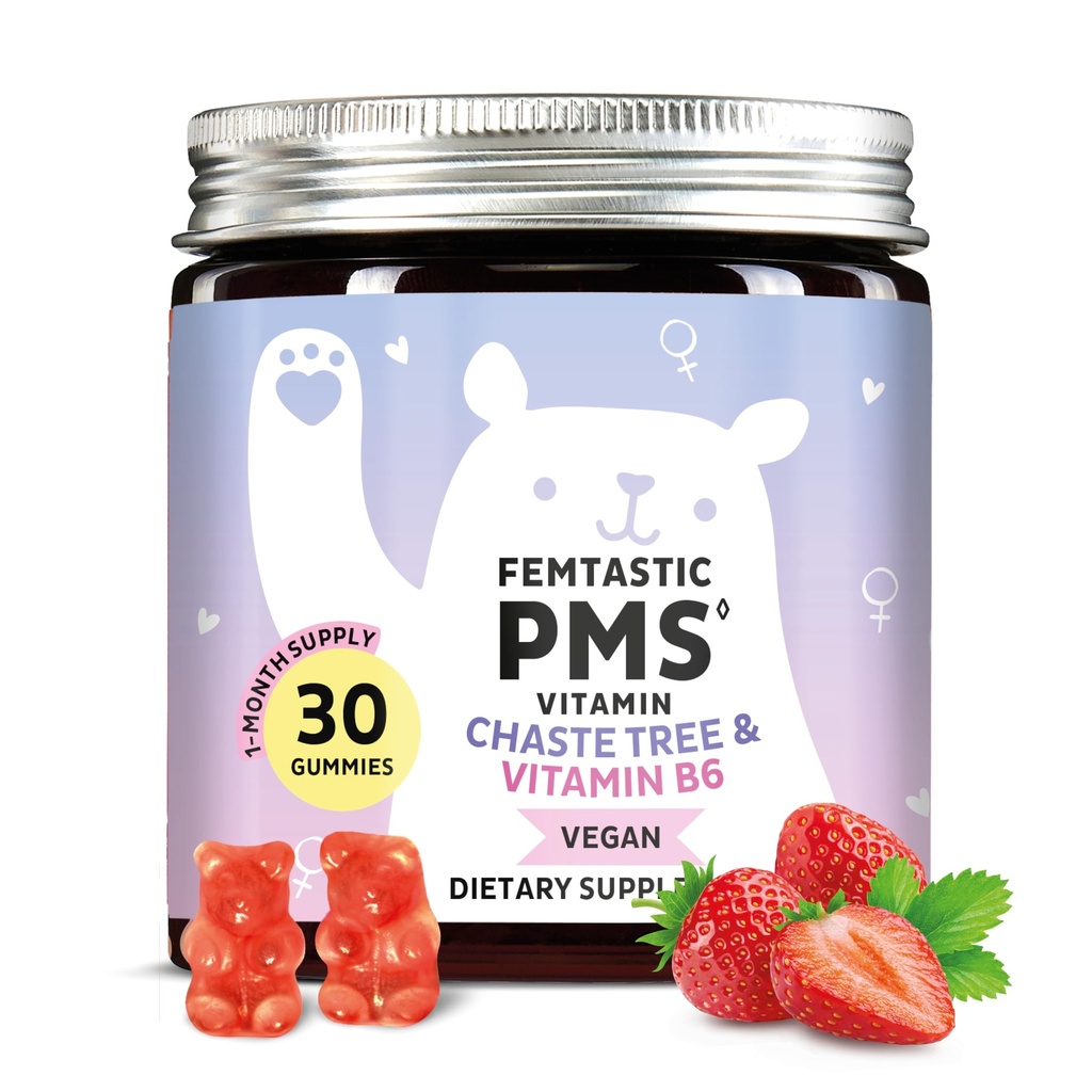 PMS Support Supplement for Women. Gummies de alivio menstrual para atacar brotes hormonales, ruborización, calambres de período, " Mood Swings. Vegano, con Vitamina B6 &amp; Balm de limón, 30 Gummies