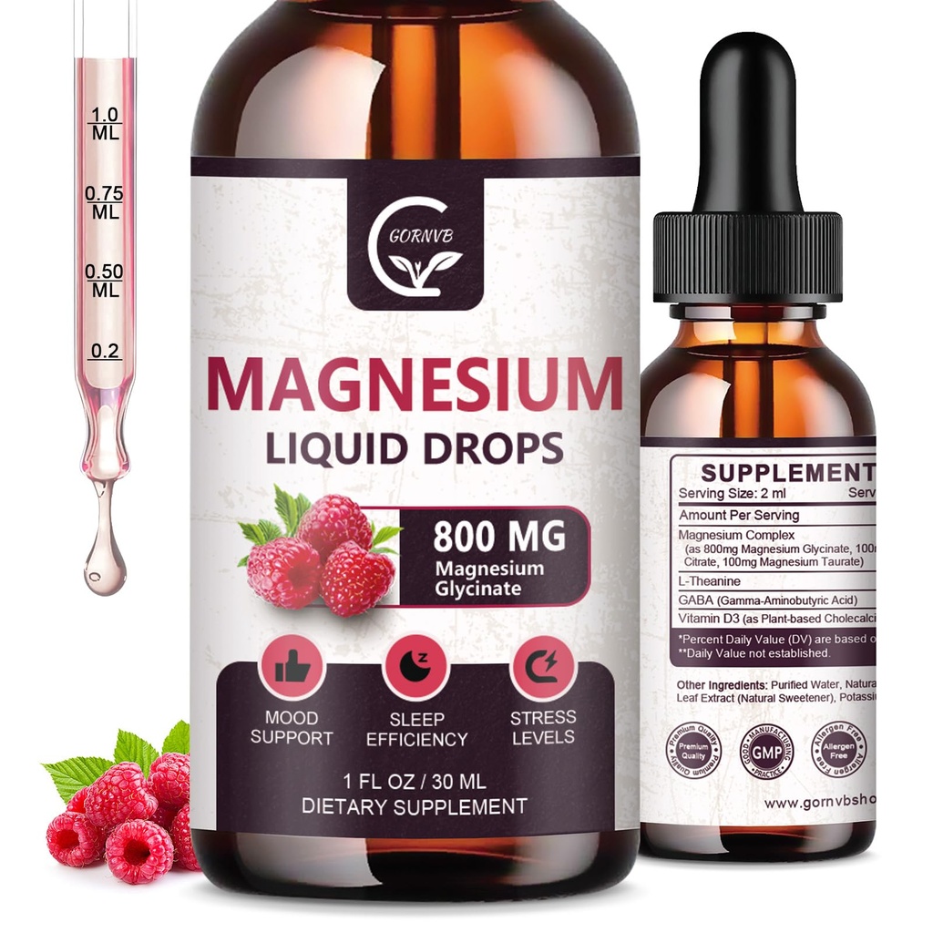 (2 Pack) Magnesium Glycinate Liquid Drops TENIDO 1000mg Liquid Magnesium Complex with D3, L-Thea & GABA for Energy, Sleep, Nerve and Heart Health, High Absorption, Raspberry Flavor