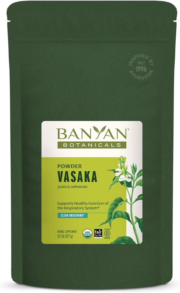 Botánicos de Banyan Vasaka Powder - Certified Organic, 1/2 libra - Adhatoda vasica - Apoya la función adecuada de los pulmones y la respiración saludable*