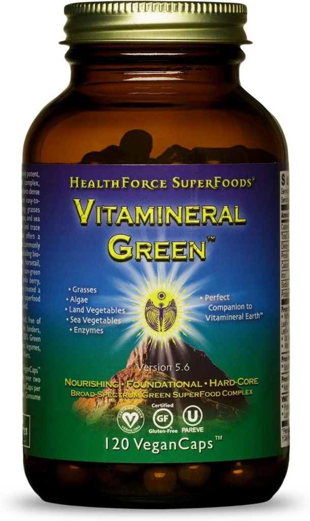 SUPERFOODS DE LA HEALTHFORCE Vitamineral Green - Suplemento Mineral para el soporte tiroideo inmune - Suplemento verde de polvo con ingredientes de la tierra - libre de gluten - 120 cápsulas