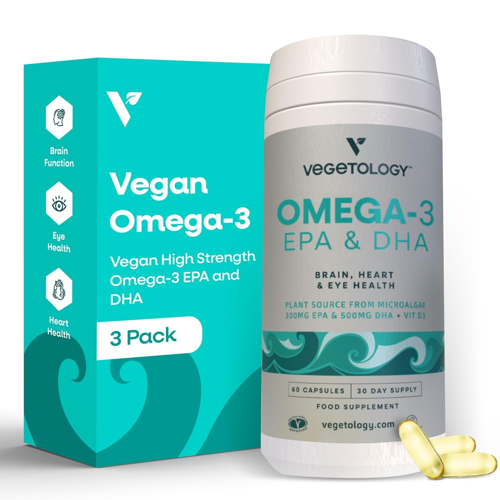 Suplemento Vegan Omega 3 – EPA, DHA Suplementos " Vitamina D3 – Algae Omega 3 Suplementos veganos para el cerebro, el ojo y la salud cardíaca – para adultos de niños (180 cápsulas)