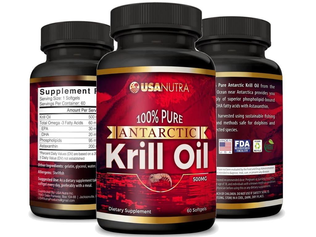 Aceite de Krill Antártico Softgels 100% Puro con Omega-3 EPA DHA Astaxanthin 1000mg por día (2 Softgels). Made in The USA