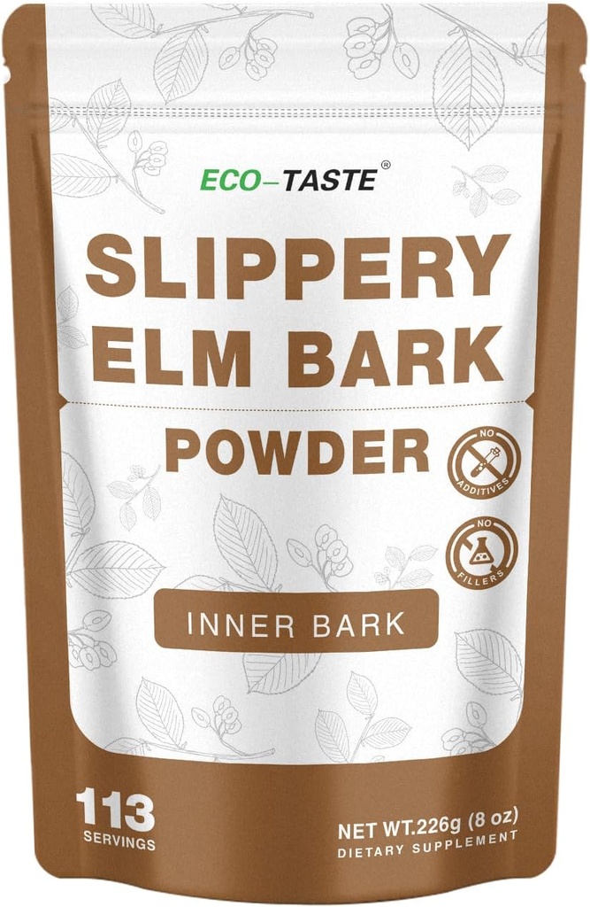 ECO-TASTE Slippery Elm Powder para Gut-Health, Pure Inner Slippery Bark Powder 2000mg por Serving, Vegetarian - 226 Grams