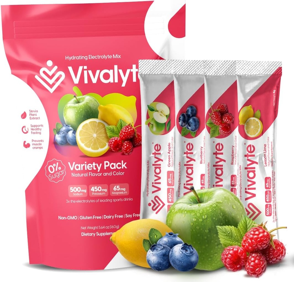 Electrolyte Powder No Sugar Stevia Sweetened 100% Natural Hydration Packets - 20 Cuenta fort Sodium, Potassium Citrate & Magnesium L-Threonate (5.64, Variety Pack)