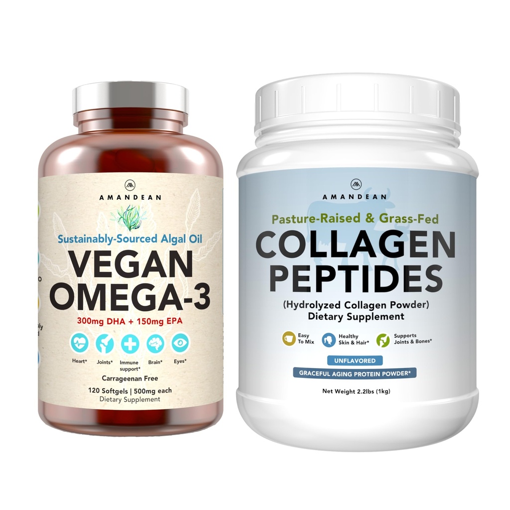 Skin &amp; Joints Bundle - Premium Vegan Omega-3 (120 cápsulas) de Algas Marinas + Peptides de Collagen Grass-Fed Colagen Powder (1kg - 100 piezas) Non-GMO. Esquía radiante, juntas, huesos " envejecimiento grato