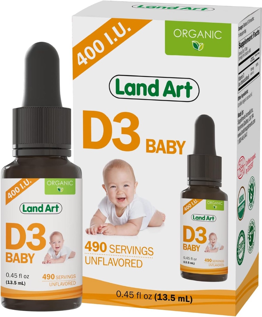 Land Art - Certified Organic Vitamin D3 Drops Baby – 400 IU per Drop – 490 Servings – Supports Bone " Teeth Development – Vitamin D Drops for Infants " Toddlers – GMO-Free - Gluten-Free – 0.45 fl oz