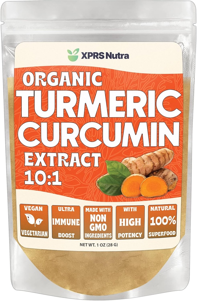XPRS Nutra Orgánica Turmeric Curcumin Powder Extract 10:1 - Premium USDA Organic Curcumin Powder for Immunity - Vegan Friendly Pura Curcumin for Gut Health (1 Ounce)