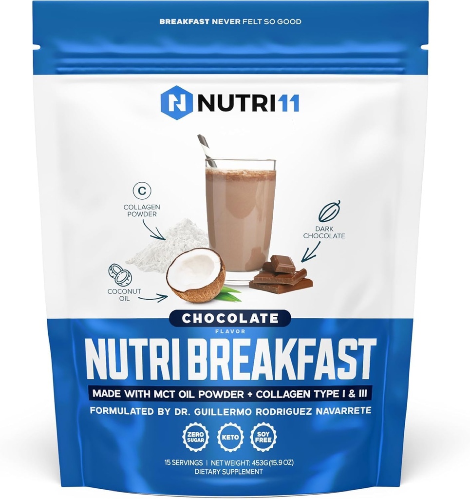 NutriBreakfast por Nutrillermo/Keto Protein Collagen Powder con MCT Oil/MCT Péptidos colágeno de pólvora de aceite/Keto con colágeno de grano tipo I " III (15.9, Chocolate)