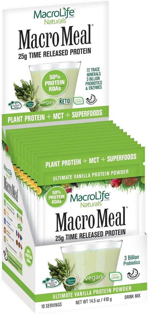 MacroLife Naturales MacroMeal Vegan Vainilla Superfood Suplemento Polvo Proteína + Verdes, Probióticos, Enzimas Digestivos, Fibra - Energía, Detox, Immune - No GMO, Sin gluten- 10 Embalajes