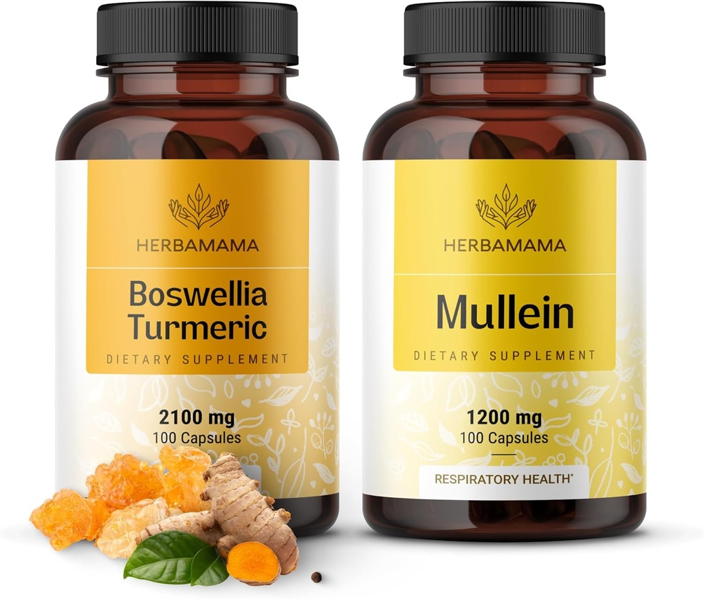 HERBAMAMA Boswellia Turmeric y Mullein Leaf Capsules Kit - Agrupación de 2100 mg Boswellia Turmeric " 1200 mg Mullein Leaf Capsules - Vegan, No GMO, Gelatin-Free - 2 Pack