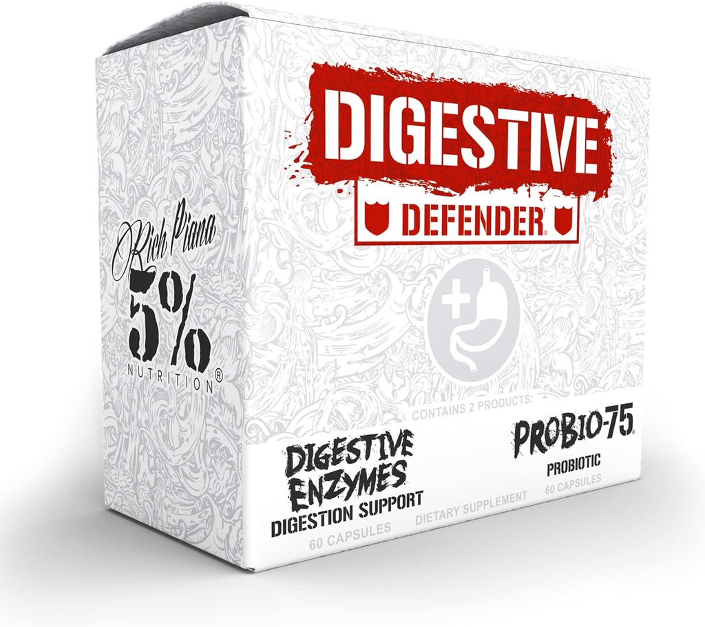 5% Nutrición Rich Piana Digestive Defender ← Probio-75 & Digestive Enzymes Digestion Suplemento tención Premium Calidad Enzymes with Probiotics and Prebiotic Fiber TEN 120 Gelatin Capsules (30 Svgs)