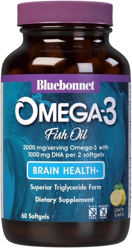 Bluebonnet Nutrition Omega-3 Brain Formula Natural Wild Caught Triglyceride Form DHA 860 mg EPA 120 mg - Altamente concentrado Cognitive Health & Wellness Support Supplement - Gluten-Free - 60 Softgels