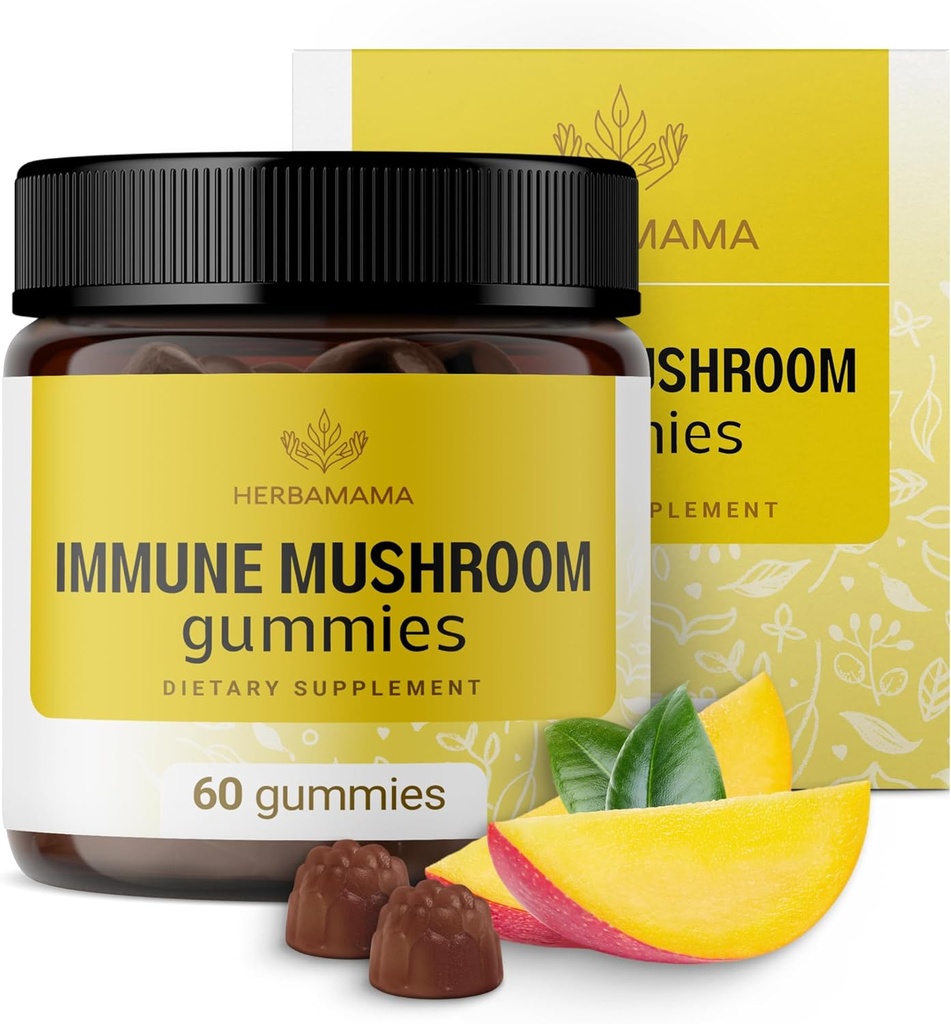 HERBAMAMA Immune Support Mushroom Gummies - Multi Mushroom Blend Complex for Antioxidant Support - Vegan, Non-GMO Suplemento de inmunidad - 60 Pectin-Based Mango-Flavored Chews