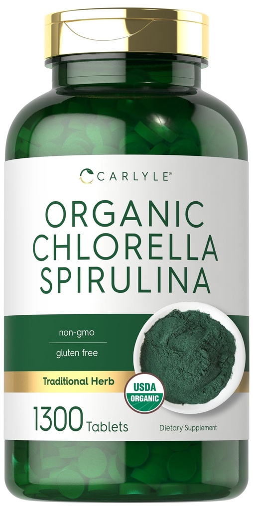 Carlyle Organic Chlorella Spirulina Tablets  1300 Count ← 50/50 Blend ← Non-GMO y Gluten Free Supplement