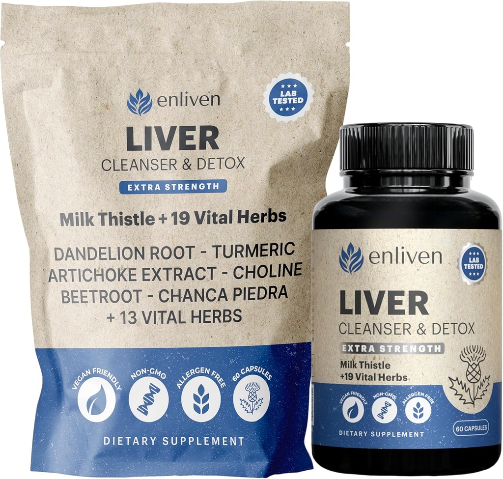 enliven Liver Cleanse Detox " Repair Capsules " Natural Liver Support with Milk Thistle, Dandelion " Artichoke standing Promotes Liver Health " Digestion ← Non-GMO Herbal Supplement  60 Capsules