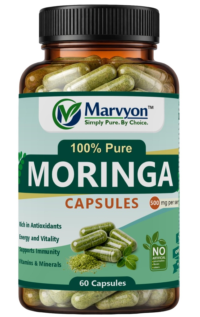 Moringa Vegan Capsules 500mg tablet, 60 Capsules, Rich anti-oxidant source with Vitmin A, B1, B2 with Magnesium and Potassium | Boost Heart and Brain Health