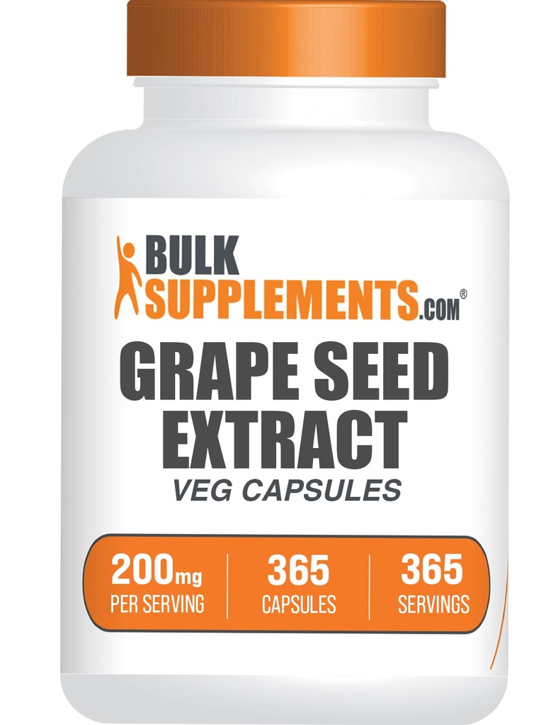 BulkSupplements.com Grape Seed Extract Capsules - Suplemento Antioxidante, Grape Seed Extract 200mg - Vegan &amp; Gluten Free, 1 cápsula por Serving, 365 Veg Capsules (Pack of 1)