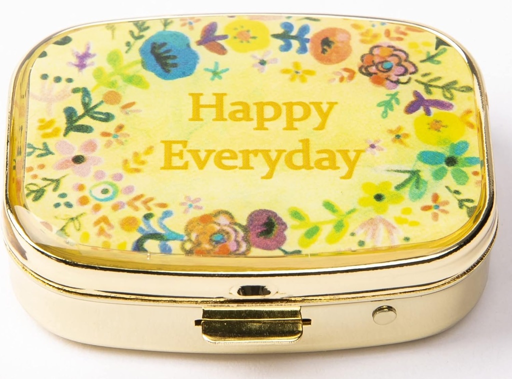 AmyZone Metal Pill Organizer Travel Friendly Portable Compact Pill Box Cute Pill Case to Hold Vitamins/Tylenol/Fish Oil/Supplements/Meds/Tablet for Purse/Pocket(Feliz Todos los días)
