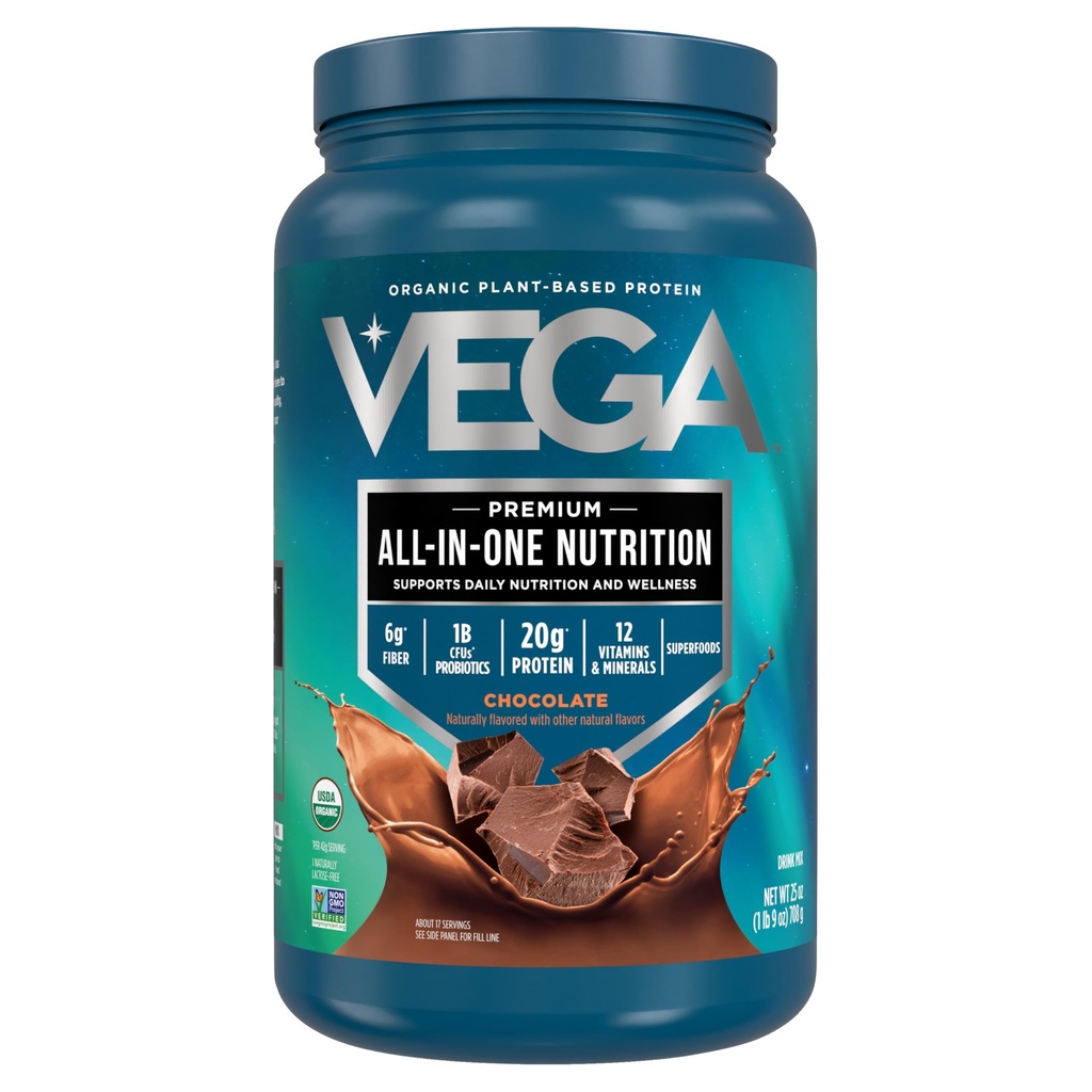 Vega Orgánica All-in-One Vegan Protein Powder, Chocolate - Superfood Ingredients, Vitaminas para Apoyo Inmunitario, Keto Friendly, Pea Protein for Women &amp; Men, 25 Oz (Packaging May Vary)