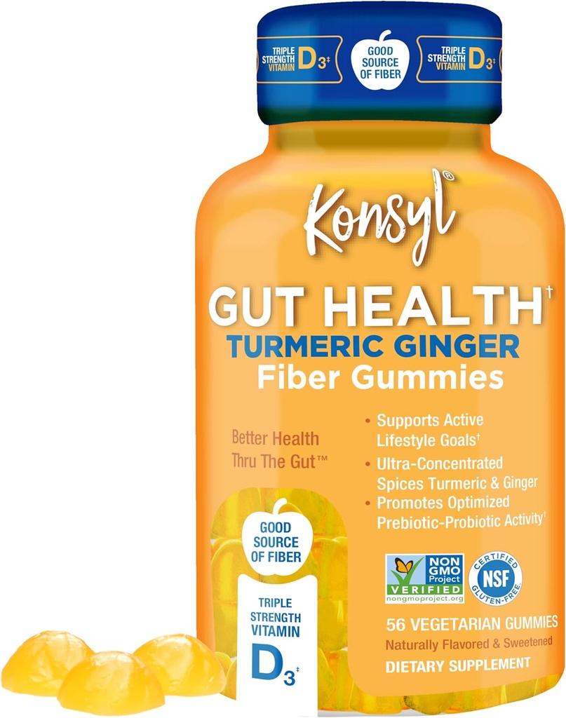 Konsyl Gut Health Turmeric Ginger Fiber Gummies - Ayuda a apoyar la salud digestiva+ - Suplemento de fibra vegetariana Gummies para adultos- 56 Conde