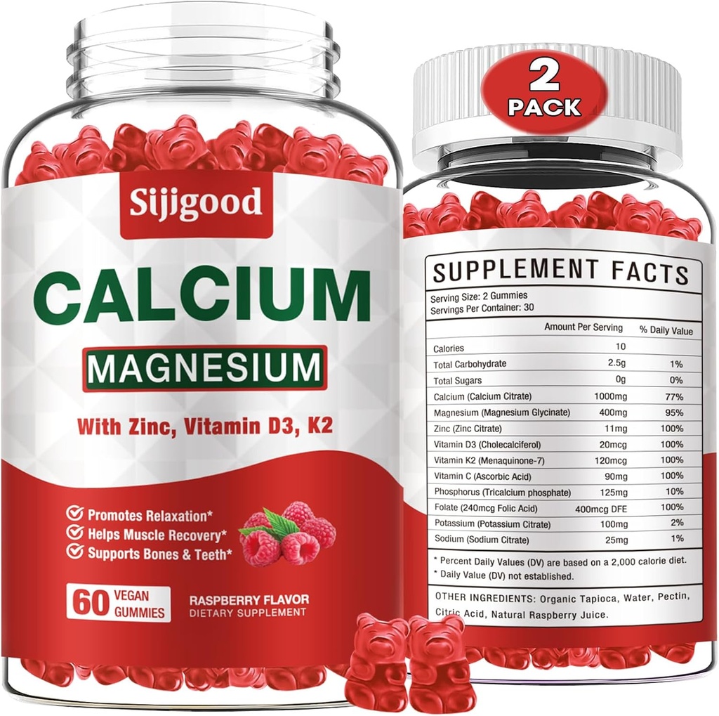 2 Pack Calcio Magnesio Zinc Gummies con Vitamin C D3 K2, Calcio Gummies para Bone, Muscle, Calm & Zzz Support, Alta Absorción Fórmula con Magnesio Zinc Potasio, Raspberry Flavored 120 Cts