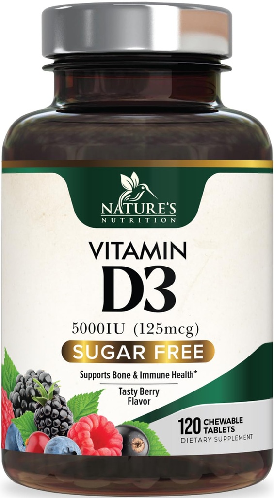 Vitamin D3 5000 IU (125 mcg) Per Serving - Extra Strength Vitamin D Chewable for Immune Support Health - Bone, Teeth and Muscle Supplements - Sugar Free, Gluten Free, USA Bottled - 120 Count Tablets