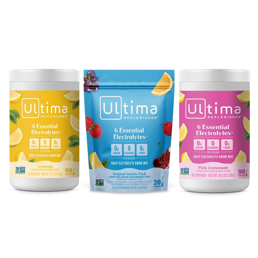 Ultima Replenisher Electrolyte Powder Drink Mix Bundle – Sugar Free – Lemonade, Pink Lemonade, Variety-90 Servings, 20 Stickpacks– 6 Electrolytes and Minerals – Keto Friendly, Vegan, Non-GMO