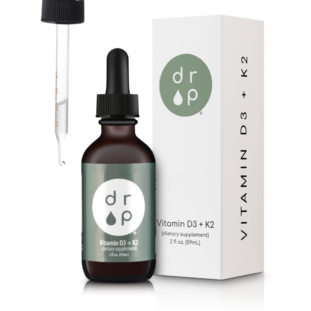 Vitamin D3 + K2 Drops with 1000 IU of Plant Based D3 and 45 mcg of K2, 2 oz Liquid Supplement for Bone Strength, Improved Mood - No Artificial Preservatives, Unflavored, with Coconut MCT Oil