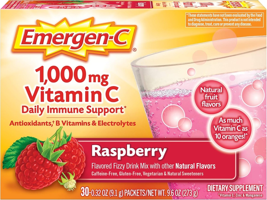 Emergen-C 1000mg Vitamina C Immune Support Powder Raspberry 30CT incluye Zinc, Manganese, 7 B Vitaminas y Electrolitos para Volver a Esenciales Escolares