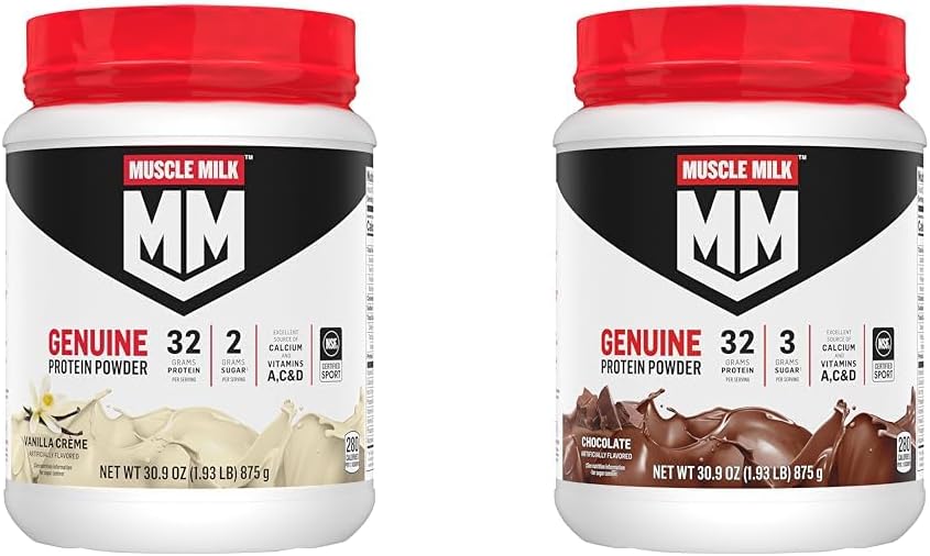Muscle Milk Genuine Protein Powder Bundle, Vanilla Crème 1.93 Libras 12 Serviciones 32g Protein 2g Azúcar y Chocolate 1.93 Libras 12 Serviciones 32g Protein 3g Azúcar