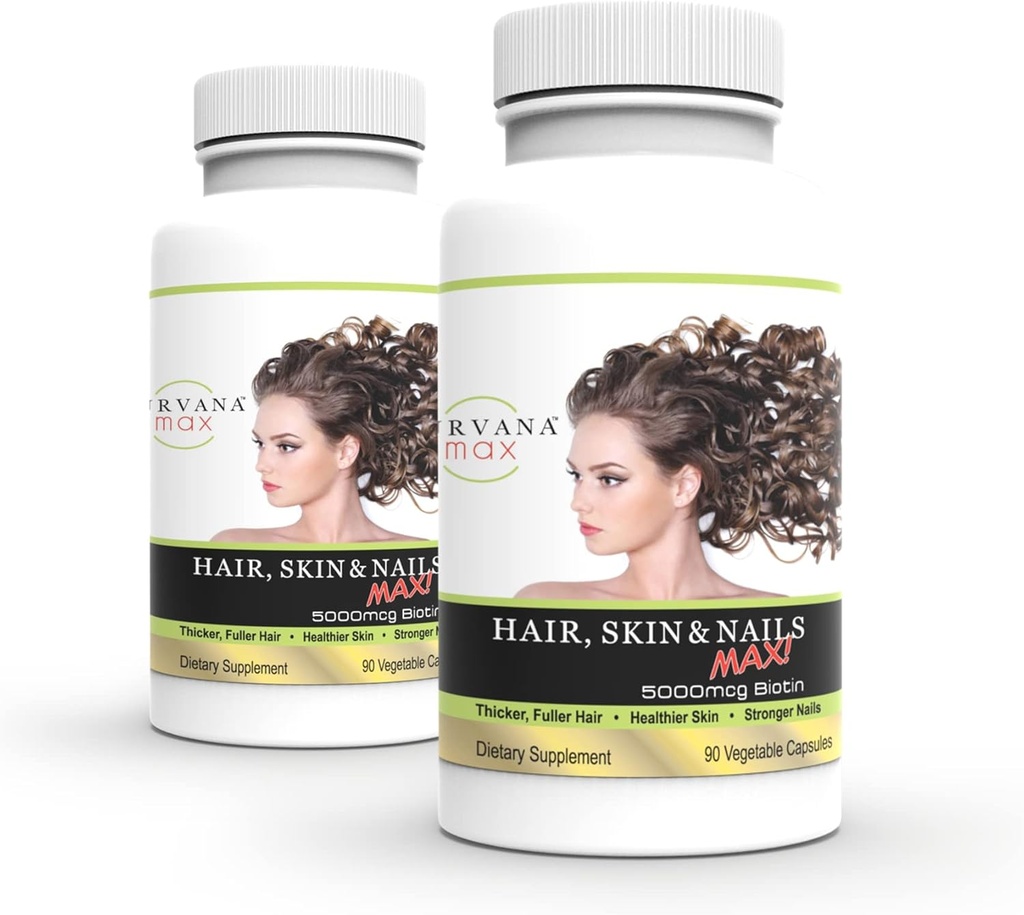 Wellgenix Purvana Max Hair, Skin, " Nails Vitamin Capsules, Double Strength Biotin 5000MCG, Fo-Ti Root, VIT A " B, Folic Acid (2 Pack)
