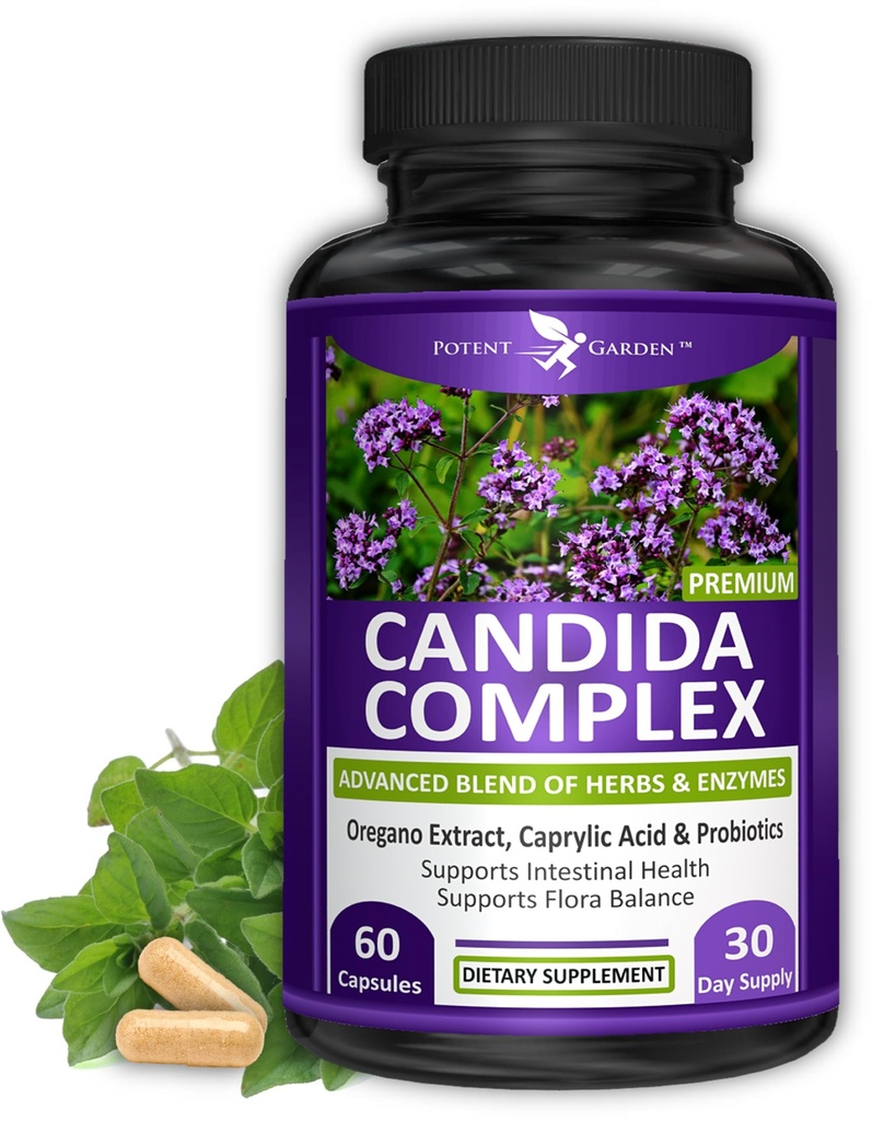 Complejo Potent Garden Candida - Oregano y Ácido Cáliz, Complejo Gut Flora Balance, Salud Intestinal &amp; Apoyo Inmunitario con Herbs &amp; Probióticos, Suplementos Gut Health para Mujeres &amp; Hombres 60 Con