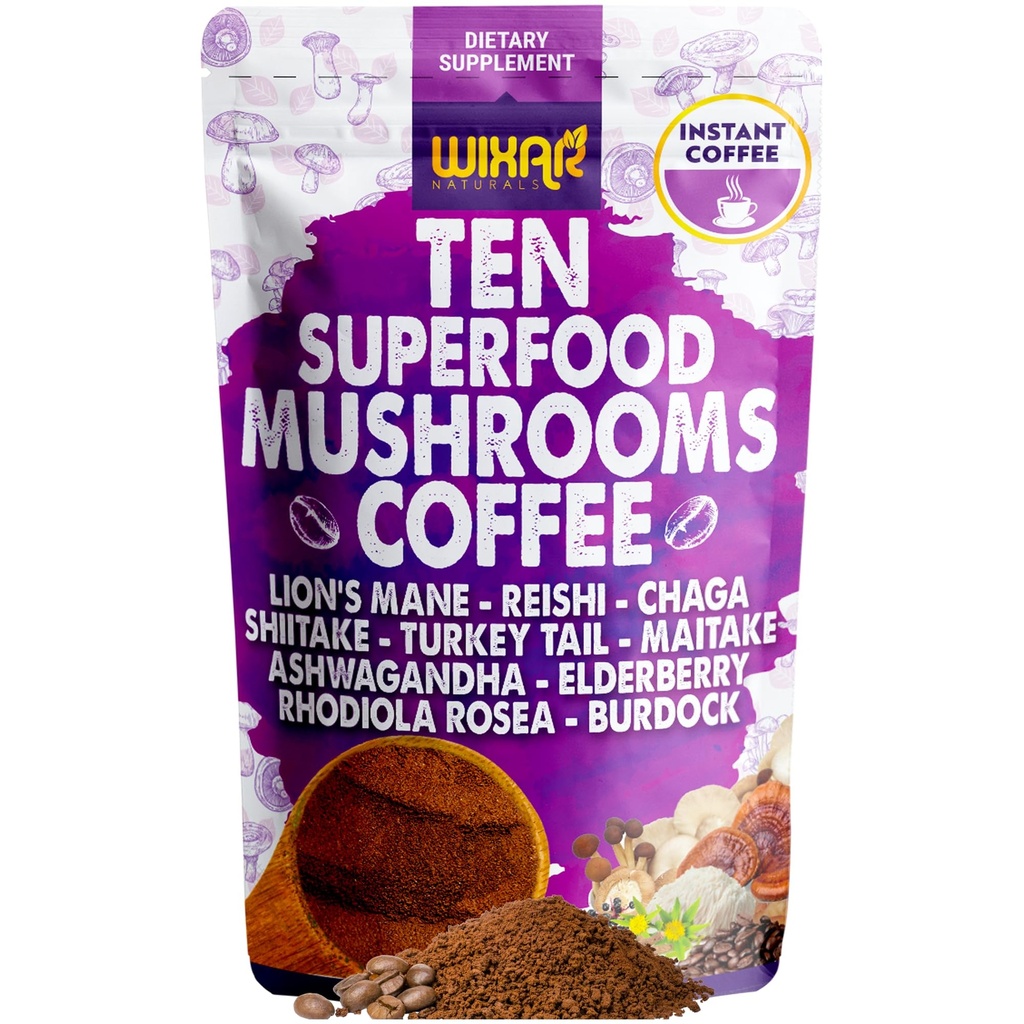 WIXAR Superfood Mushroom Coffee - Instant Coffee Powder, Diez Superfood Extractos con Lion's Mane, Turquía Tail, Reishi, Chaga, Shiitake, Ashwagandha, Rhodiola Rosea, Elderberry, 5oz Mushroom Suplemento