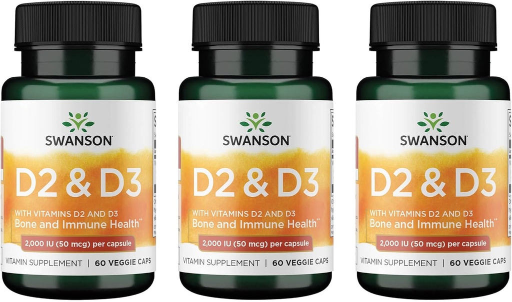 Complejo de vitamina D Swanson con vitaminas D2 & D3 - Complejo completo de vitaminas Sunshine para la salud ósea, dental e inmunitaria - Suplemento de vitaminas (50 mcg, 60 cápsulas vegetales) (3 Pack)