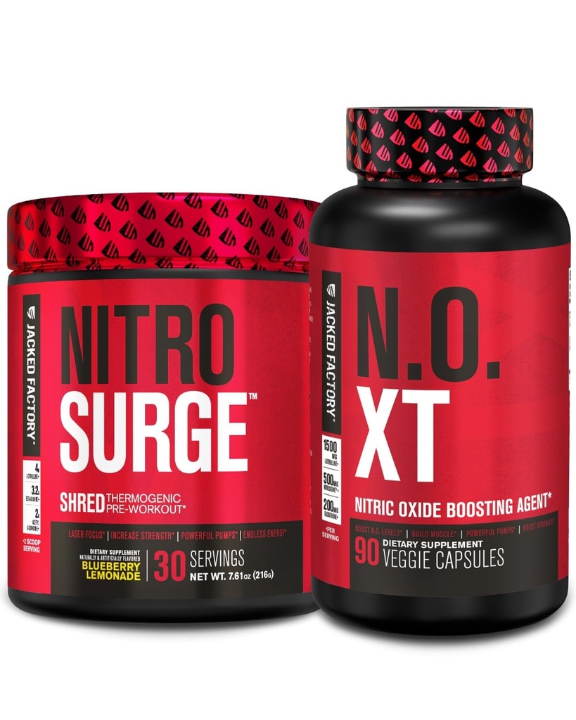 Jacked Factory Nitrosurge Shred Thermogenic Pre-Workout in Blueberry Lemonade & N.O. XT Nitric Oxide Booster for Men & Women