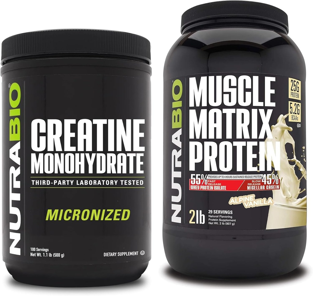 NutraBio Monohidrato de Creatina, Desflavorado, (500 g) y Muscle Matrix Protein Powder, (Vanilla) Suplemento Bundle – Muscle Energy, Maximum Growth, Recovery, and Strength
