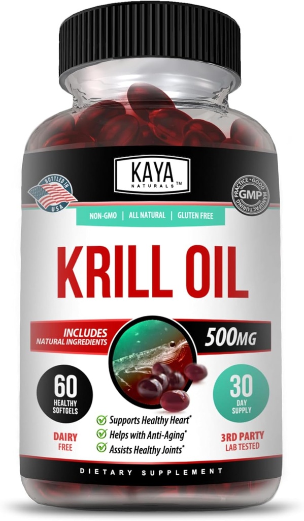 Kaya Naturals - Antártico Krill Oil 500mg con Omega 3, EPA, DHA, Phospholipids & Astaxanthin Suplemento - Cerebro & Salud Vitamina - Anti envejecimiento Suplemento - 60 cuenta Softgels