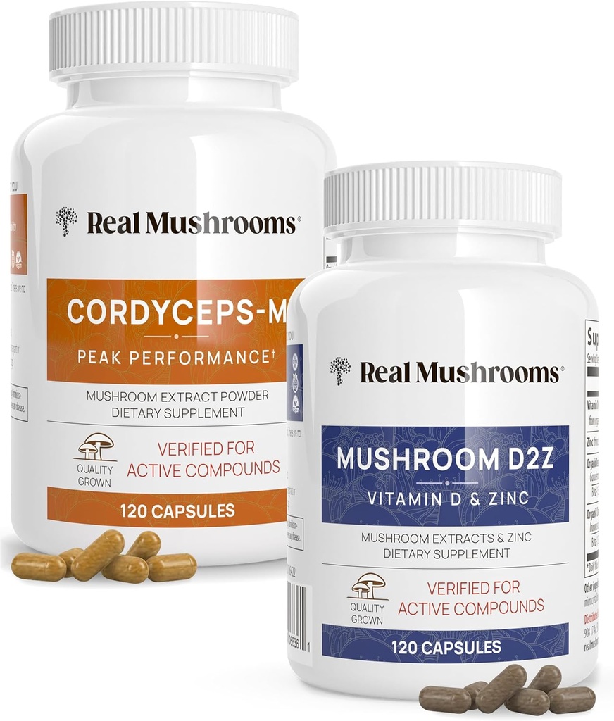 Setas reales Vitamina D2, Zinc, Chaga, Reishi (120ct) y Cordyceps-M (120ct) Bundle - Natural Immune Support, Energy, and Vitality - Vegan, Gluten Free, Non-GMO, Organic Mushroom Extracts