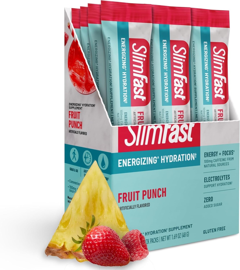 SlimFast Hydration Packets, Electrolitos de ayuno intermitente, Packets de mezcla de bebidas, Polvo de ayuno intermitente, mezcla de bebidas de polvo de energía, cafeína, electrolitos para hidratación, picazón de frutas (12 conteo)
