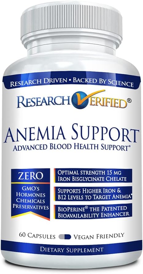 Apoyo a la anemia verificada - Reponer hierro, Regular la hemoglobina, Mejorar la energía - Hierro, Vitamina C, Vitamina A, B12, Folate, BioPerine - 60 cápsulas - Vegan