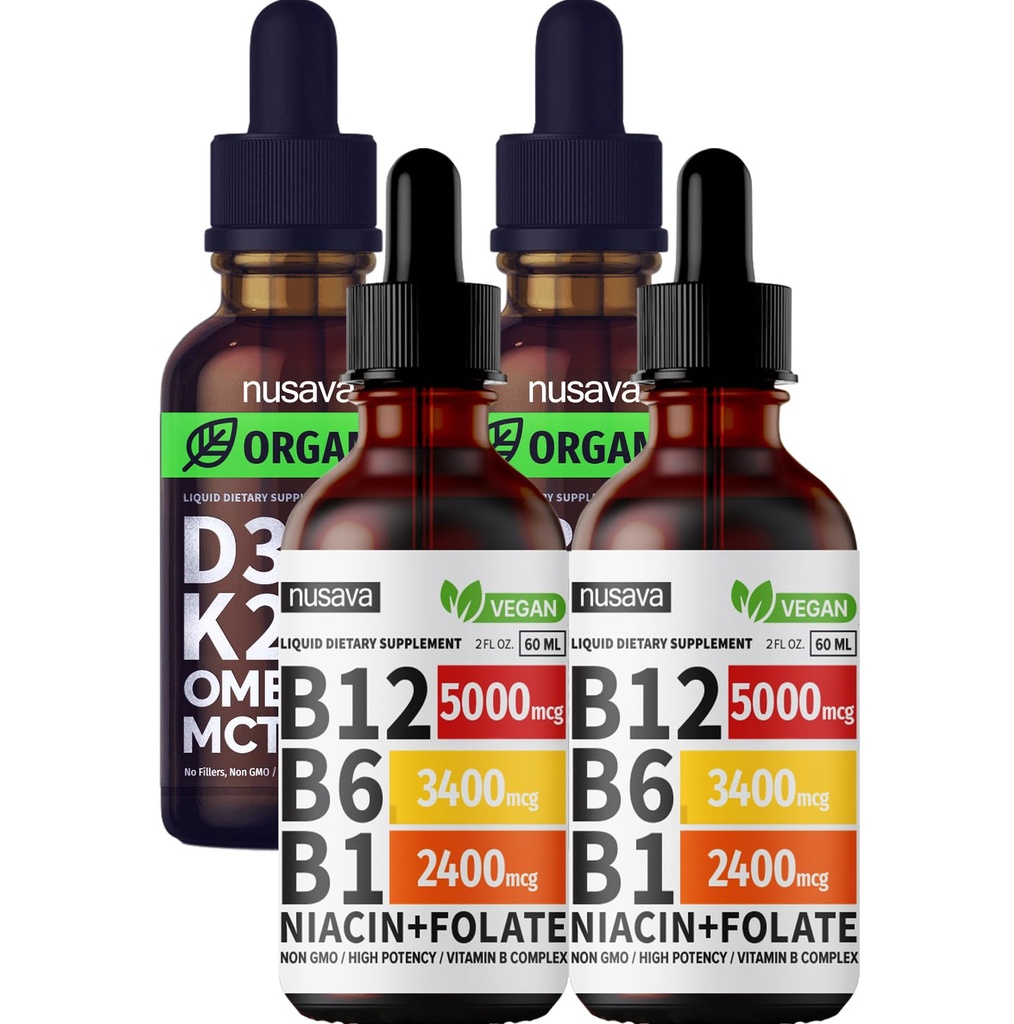 NUSAVA Vitamina B12 Liquid Drops and Unflavored D3 K2 Bundle - Potent Liquid Vitamins for Heart, Joint, Energy, &amp; Immune Support - Non-GMO, Gluten-Free, 2pk Every